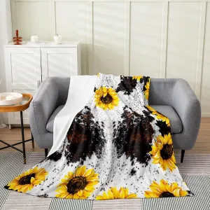 Sunflower Cow Fur Throw Blanket for Cabin Decor, Boys Highland Cow Animal Skin Blanket, Girls Yellow Floral Fleece Blanket Lightweight, Wildlife Farmhouse Cowhide Flannel Blanket Throw 50x60