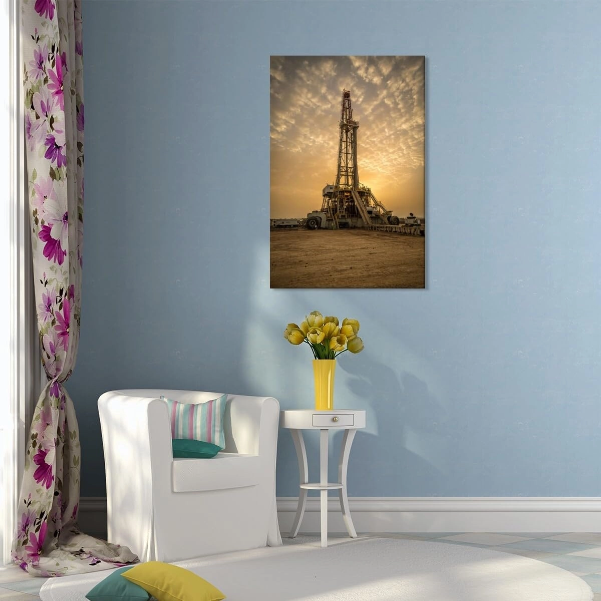 Sunrise Oil Rig Poster Modern Engineering Room Poster Canvas Art HD Picture Print for Modern Living Room Family Bedroom Wall Art Home Decor Framed12x18inch