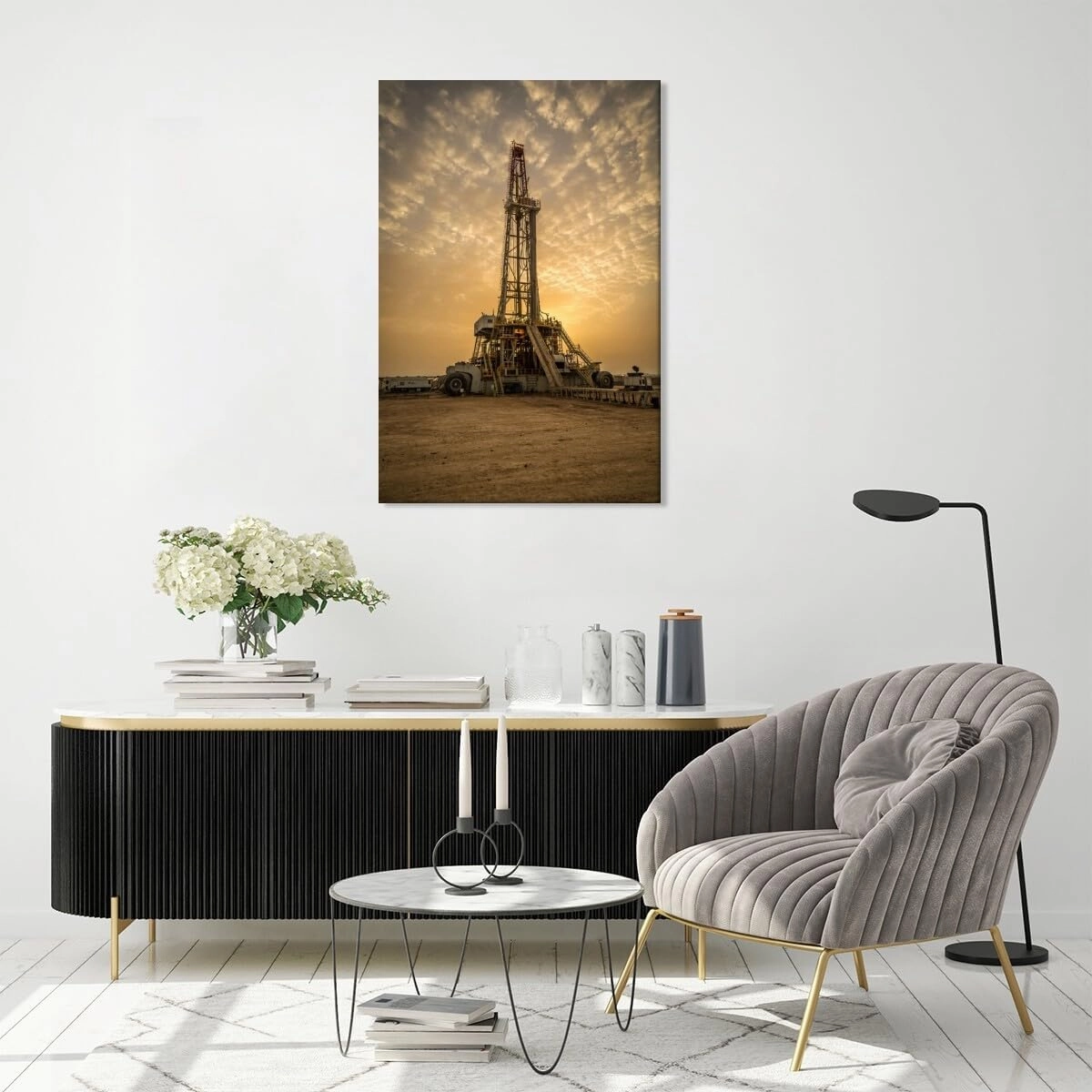 Sunrise Oil Rig Poster Modern Engineering Room Poster Canvas Art HD Picture Print for Modern Living Room Family Bedroom Wall Art Home Decor Framed12x18inch