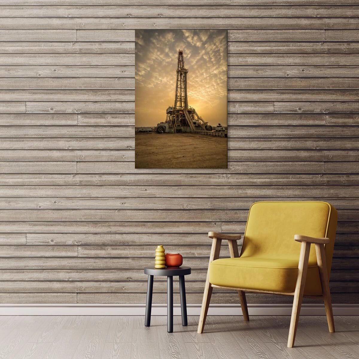 Sunrise Oil Rig Poster Modern Engineering Room Poster Canvas Art HD Picture Print for Modern Living Room Family Bedroom Wall Art Home Decor Framed12x18inch