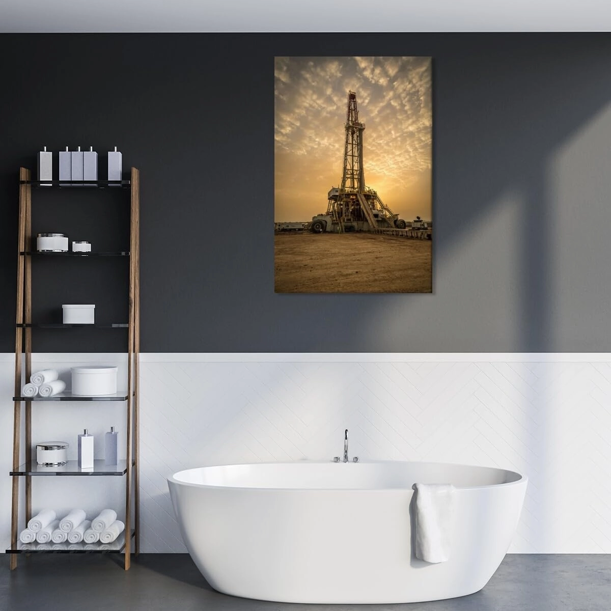 Sunrise Oil Rig Poster Modern Engineering Room Poster Canvas Art HD Picture Print for Modern Living Room Family Bedroom Wall Art Home Decor Framed12x18inch
