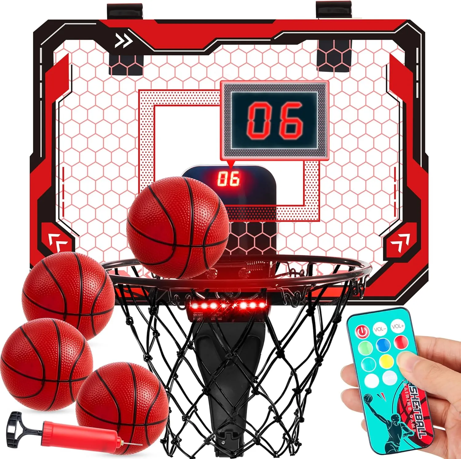 SYNCFUN Mini Indoor Basketball Hoop, Light Up Over The Door Basket Ball Hoop for Kids with Scoreboard & 4 Balls, Indoor Basketball, Toys Gifts for Boys Girls Ages 3 and UP(Red)