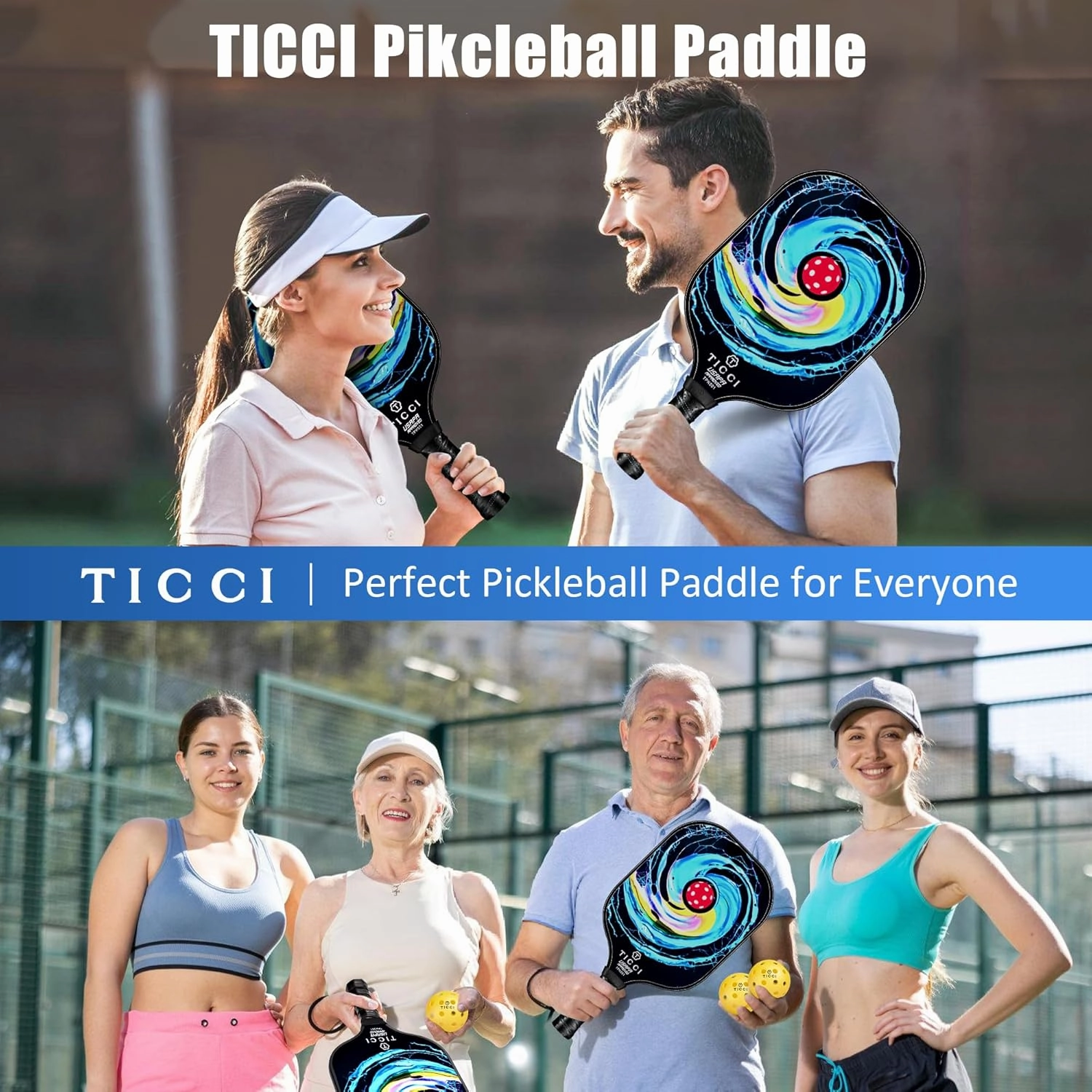 T TICCI Pickleball Paddles Set of 2, USAPA Approved Fiberglass Pickle Ball Paddles with 4 Pickleballs, Lightweight Rackets for Adults & Kids, Includes Carry Bag & Net Bag for Men, Women, Beginners,