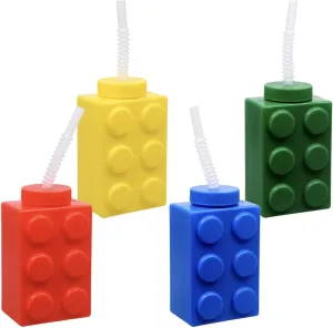 TDST Set of 8 Colored Brick Drinking Cups with Straws and Lid, 16-oz. Molded Colorful Building Block Kids Reusable Birthday Party Supplies Favors with Bonus TDST Mojo Gift