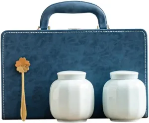 Tea Caddy Loose Tea Storage Container Jar Ceramic Sealed Jar Empty Jar with Tea Spoon Tea Set Double Jar Gift Box Set Handbag for Kitchen Storage Tea Coffee Sugar(C)