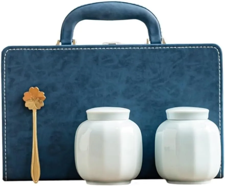 Tea Caddy Loose Tea Storage Container Jar Ceramic Sealed Jar Empty Jar with Tea Spoon Tea Set Double Jar Gift Box Set Handbag for Kitchen Storage Tea Coffee Sugar(C)