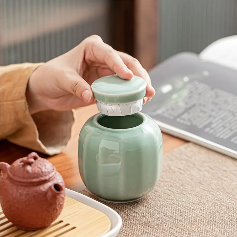 Tea Caddy Loose Tea Storage Container Jar Ceramic Sealed Jar Empty Jar with Tea Spoon Tea Set Double Jar Gift Box Set Handbag for Kitchen Storage Tea Coffee Sugar(C)