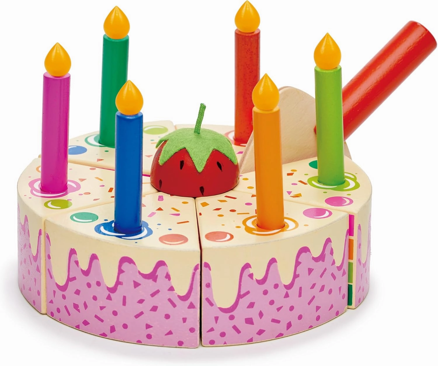 Tender Leaf Toys - Rainbow Birthday Cake - Pretend Play Food Toy with Candles and Server, Birthday Party decoration or gift for kids - Develops Social Skills and Imaginative Play for Children - Age 3 