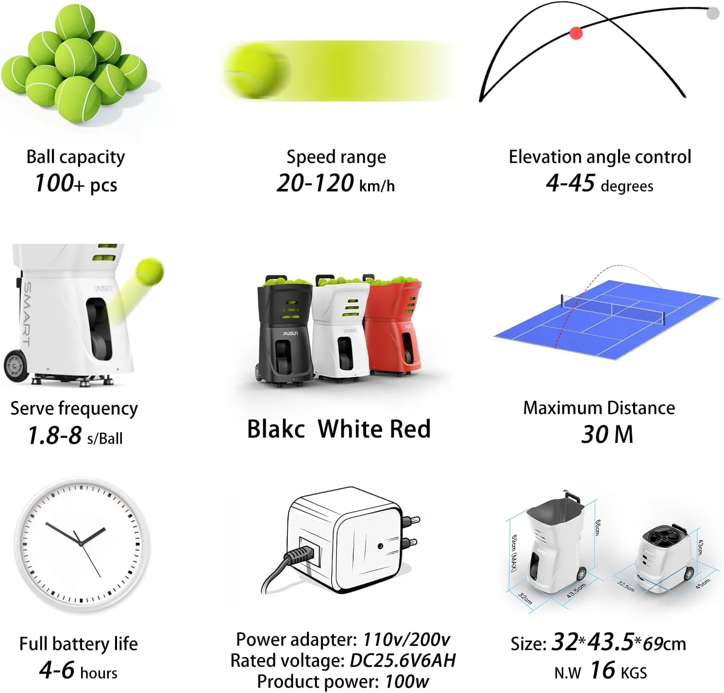Tennis Ball Machine PT-Smart, High-Capacity,Remote-Controlled/APP, Adjustable Speed & Serve Frequency, Portable Training Equipment for Enthusiasts, Pros & Beginners