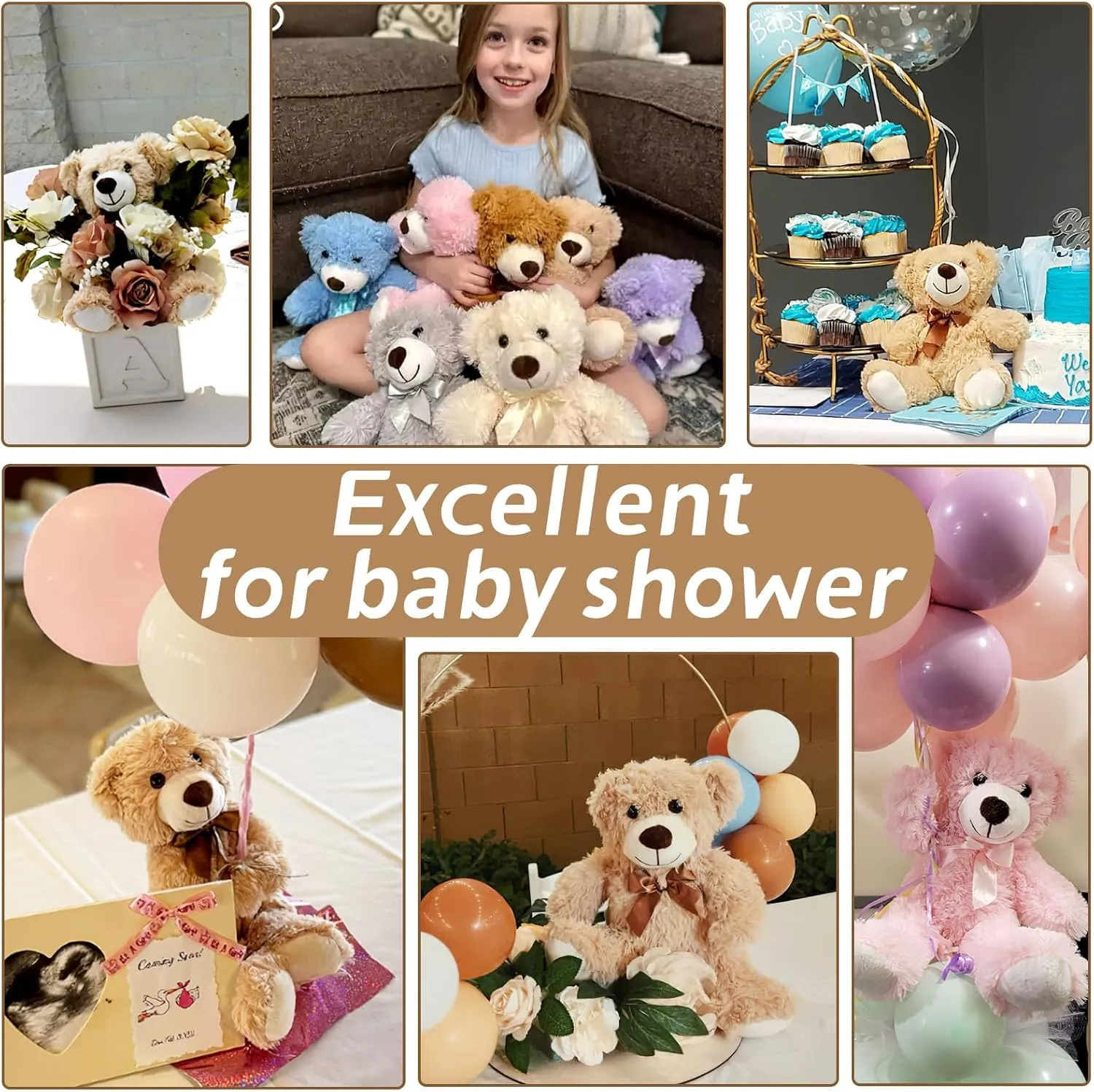 Tezituor Teddy Bear Stuffed Animal Bulk 12 Packs, 14in Small Bulk Teddy Bear Plush, Teddy Bears Centerpiece for Baby Shower, Stuffed Bear Gift for Kids, Christmas, Valentines, Light Brown/Dark Brown