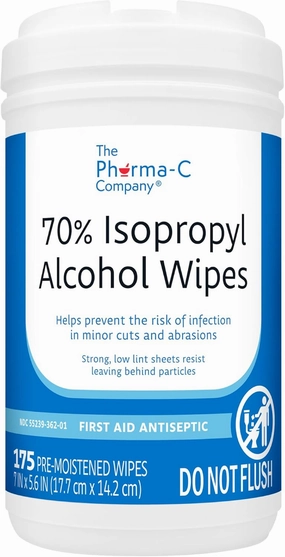 The Pharma-C Company 70% Isopropyl Alcohol Wipes [175ct Wipes] - Large Durable IPA Wipes. First-Aid Antiseptic Wound Cleaner with Moisture Lock Lid.