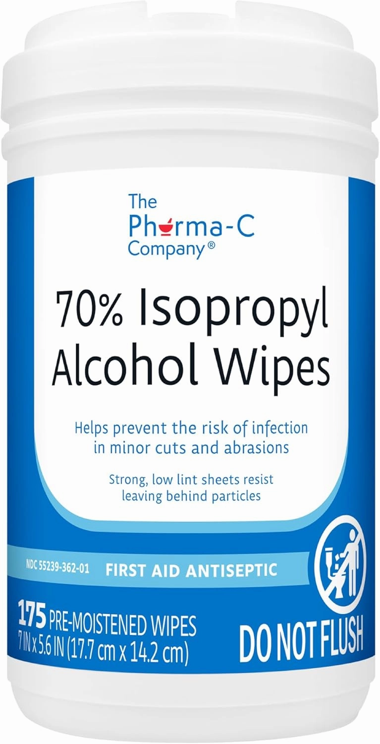 The Pharma-C Company 70% Isopropyl Alcohol Wipes [175ct Wipes] - Large Durable IPA Wipes. First-Aid Antiseptic Wound Cleaner with Moisture Lock Lid.