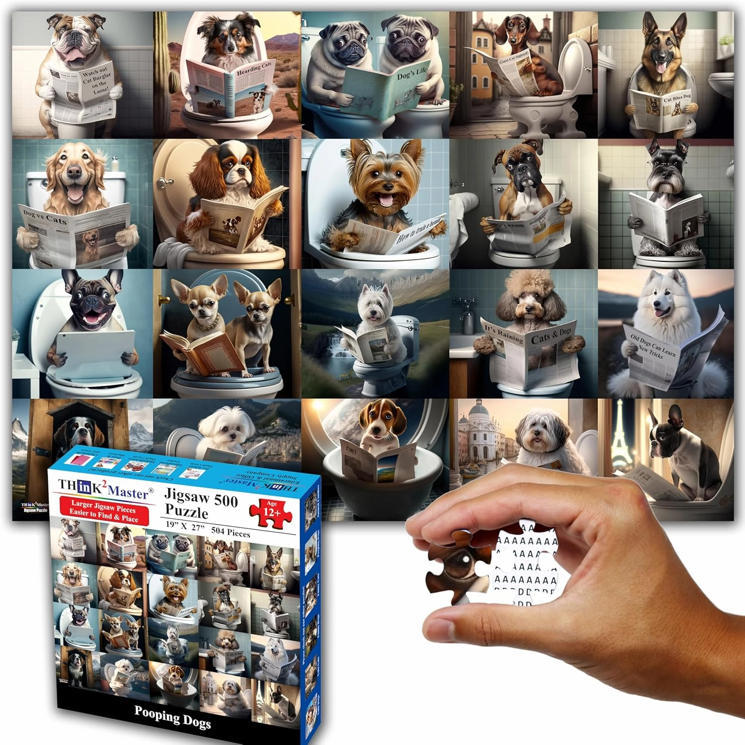 Think2Master Pooping Dogs & Puppies 500 Pieces Jigsaw Puzzle. Pooping Puppies, Funny Bathroom Decoration, Gag Gift. Fun Toy Teens, Adults, Seniors & Families. Great for Kids 13  Size: 26.8” x 18.9”