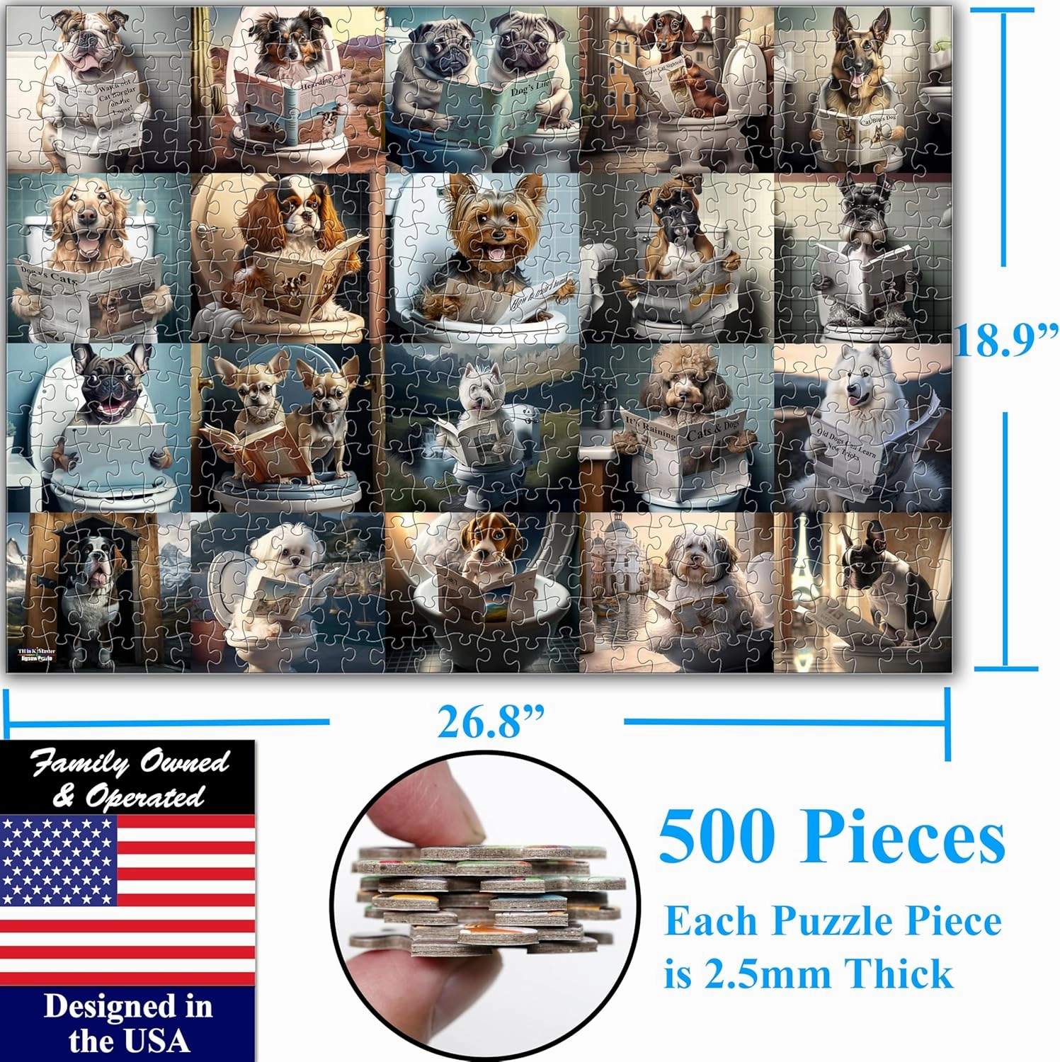 Think2Master Pooping Dogs & Puppies 500 Pieces Jigsaw Puzzle. Pooping Puppies, Funny Bathroom Decoration, Gag Gift. Fun Toy Teens, Adults, Seniors & Families. Great for Kids 13  Size: 26.8” x 18.9”