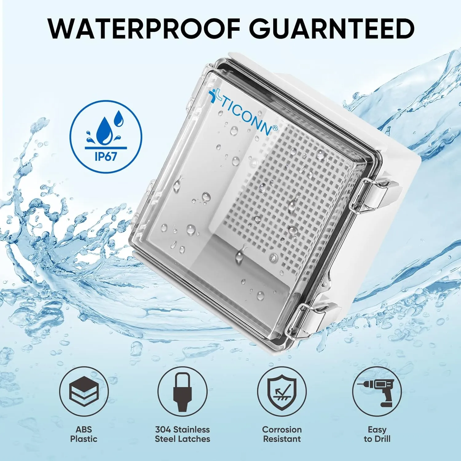 TICONN Waterproof Electrical Junction Box IP67 ABS Plastic Enclosure with Hinged Cover with Mounting Plate, Wall Brackets, Cable Glands (Clear, 5.9"x5.9"x3.5")