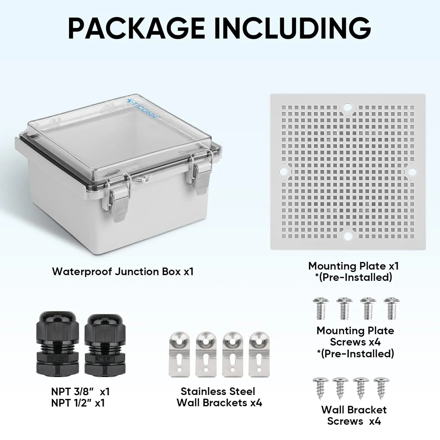 TICONN Waterproof Electrical Junction Box IP67 ABS Plastic Enclosure with Hinged Cover with Mounting Plate, Wall Brackets, Cable Glands (Clear, 5.9"x5.9"x3.5")