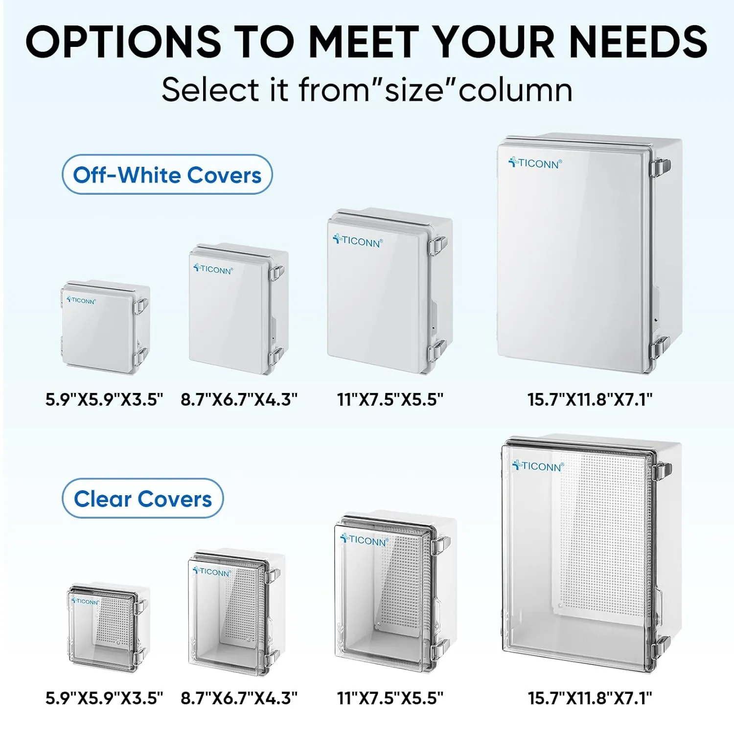 TICONN Waterproof Electrical Junction Box IP67 ABS Plastic Enclosure with Hinged Cover with Mounting Plate, Wall Brackets, Cable Glands (Clear, 5.9"x5.9"x3.5")