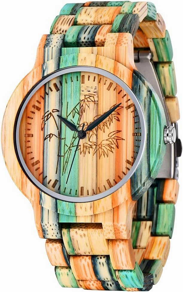 Tiong Brand Wooden Watches Mens with Handmade Colorful Bamboo Wood Watch Analog Date Quartz Wooden Watch for Men