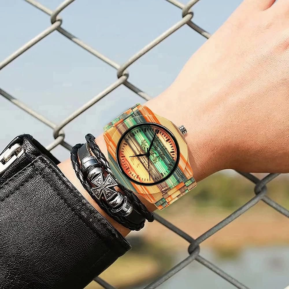 Tiong Brand Wooden Watches Mens with Handmade Colorful Bamboo Wood Watch Analog Date Quartz Wooden Watch for Men