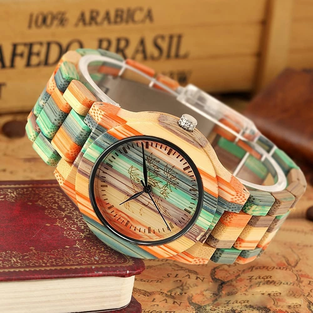 Tiong Brand Wooden Watches Mens with Handmade Colorful Bamboo Wood Watch Analog Date Quartz Wooden Watch for Men
