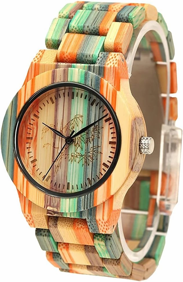 Tiong Brand Wooden Watches Mens with Handmade Colorful Bamboo Wood Watch Analog Date Quartz Wooden Watch for Men