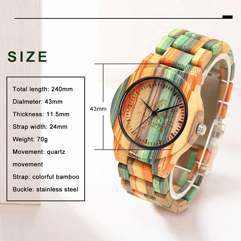 Tiong Brand Wooden Watches Mens with Handmade Colorful Bamboo Wood Watch Analog Date Quartz Wooden Watch for Men