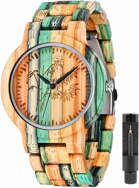 Tiong Brand Wooden Watches Mens with Handmade Colorful Bamboo Wood Watch Analog Date Quartz Wooden Watch for Men