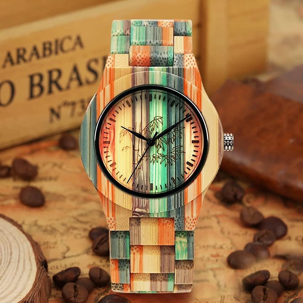Tiong Brand Wooden Watches Mens with Handmade Colorful Bamboo Wood Watch Analog Date Quartz Wooden Watch for Men