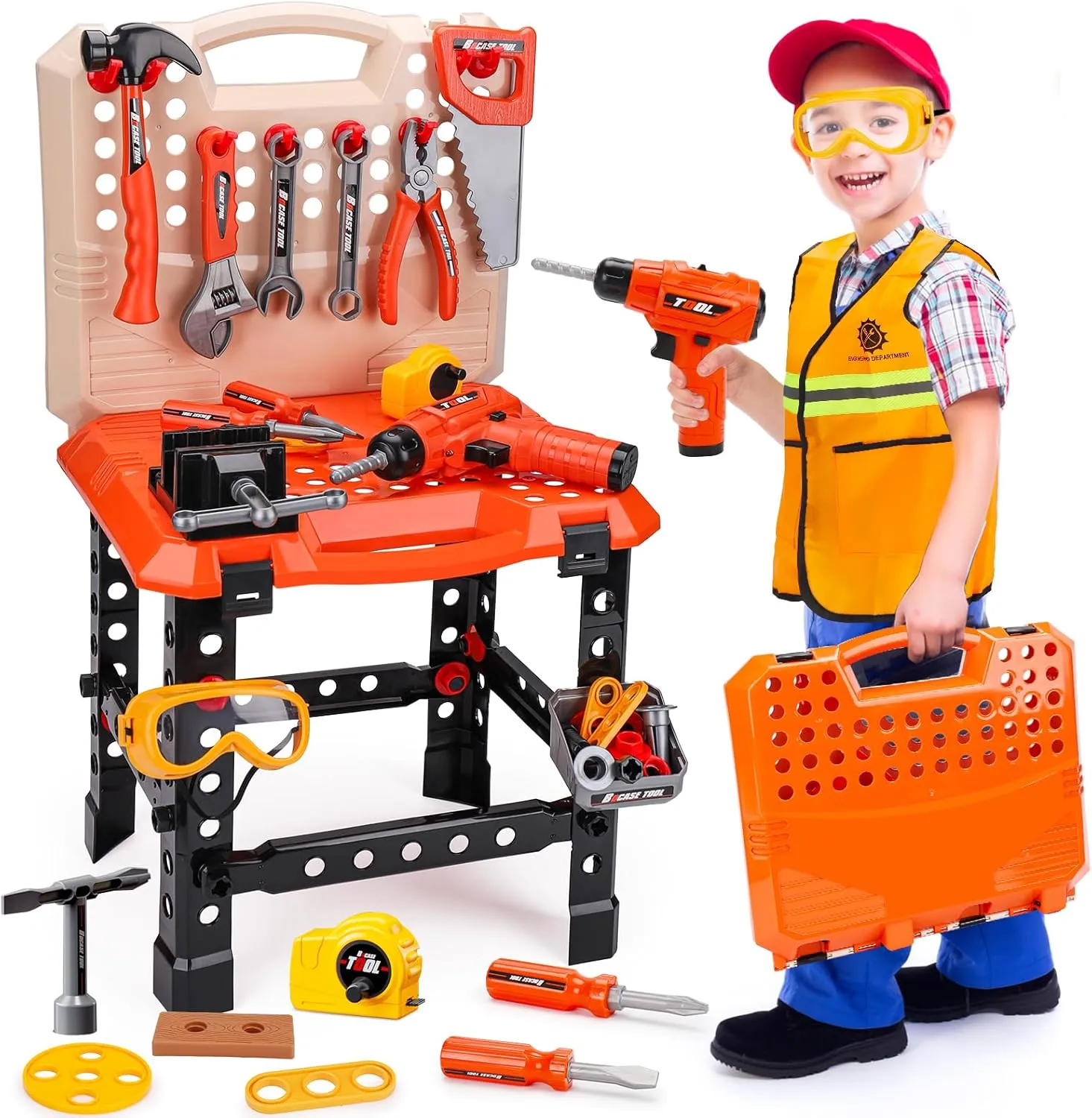 Toddler Tools Workbench Pretend Play Toys for Kids 3 4 5 Year Old with Realistic Electric Drill Boys Girls Age 2-4 Tool Set Learning Educational Construction Toy Power Work Bench Gifts for Kid 1-3 4-8