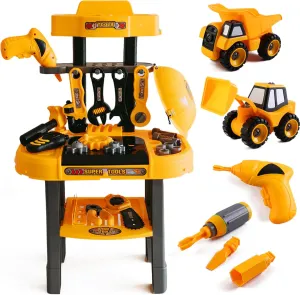 Toddler Workbench & Tool Set with Battery-Operated Drill - Includes 2 Big Take-Apart Trucks & Realistic Tools, Construction Tool-Bench Toy for Kids 3-5, Toolbox Gift for Boys 3 4 5 Years Old