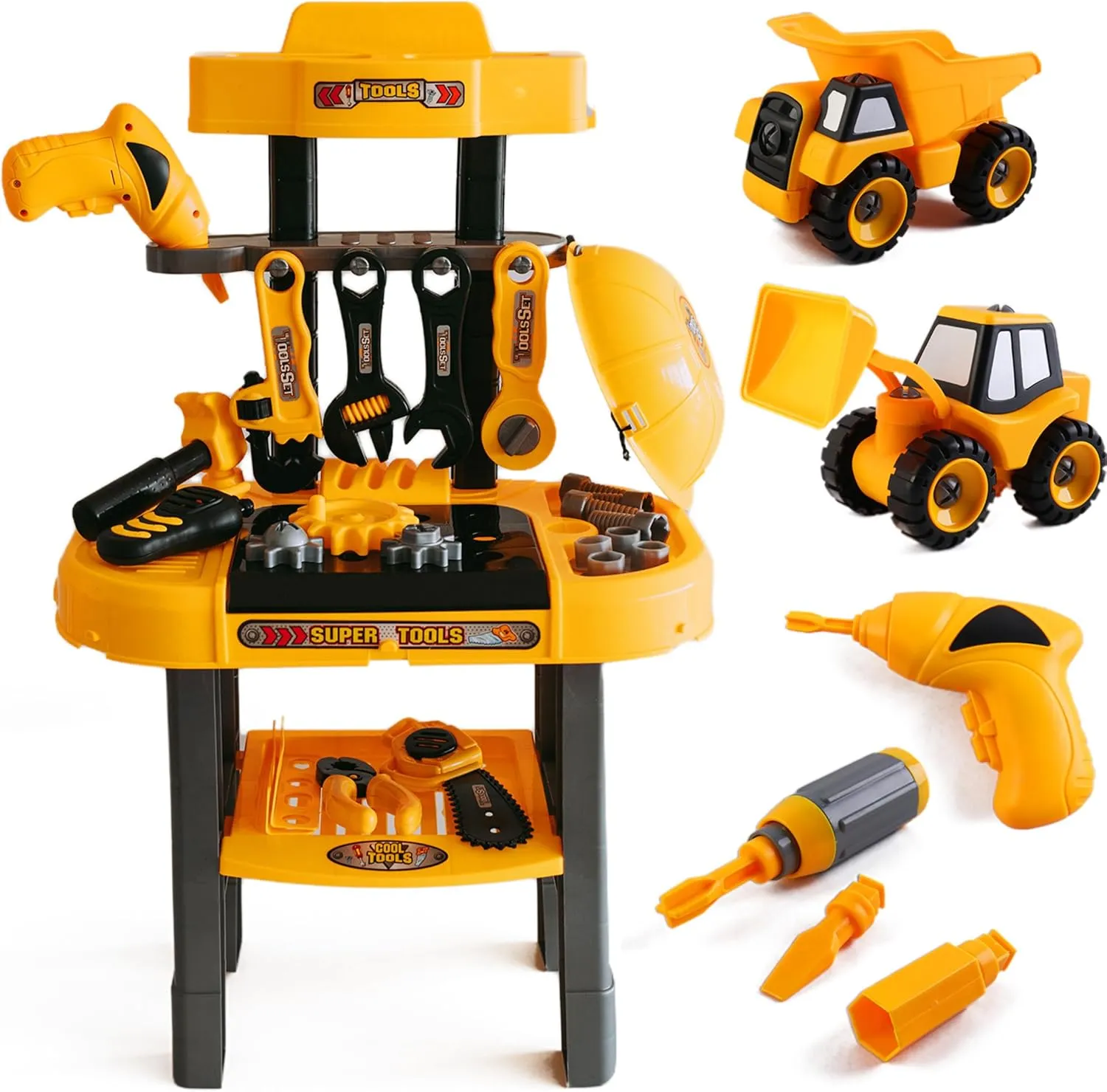 Toddler Workbench & Tool Set with Battery-Operated Drill - Includes 2 Big Take-Apart Trucks & Realistic Tools, Construction Tool-Bench Toy for Kids 3-5, Toolbox Gift for Boys 3 4 5 Years Old