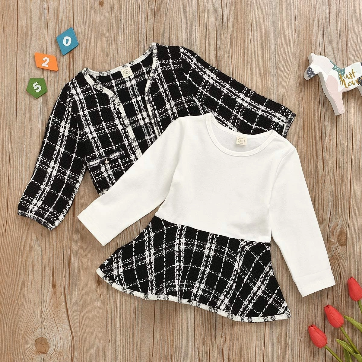 Toddler Kids Baby Girls Plaid Skirt Set Cardigan Jacket Coat   Tutu Dress Set Long Sleeve Outfits Fall Outfit Set