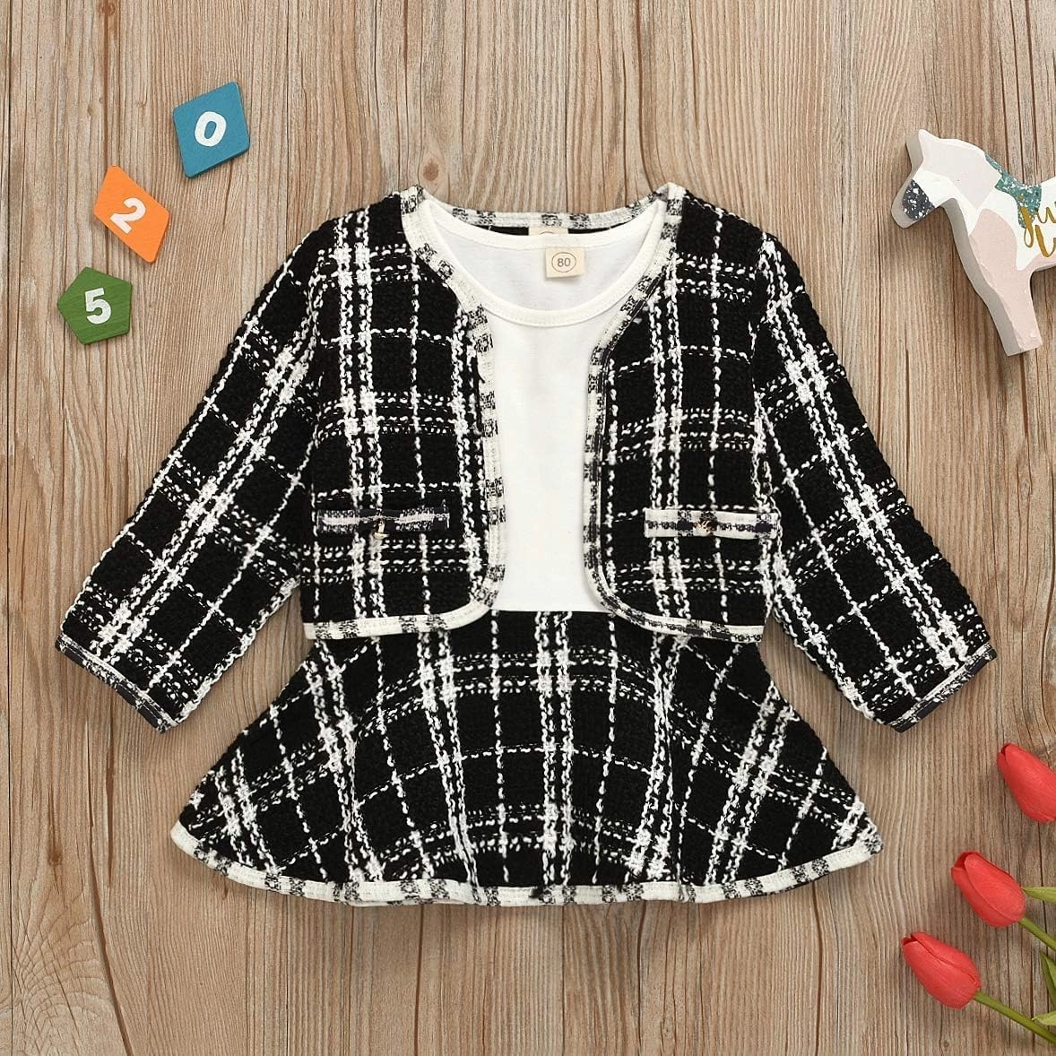 Toddler Kids Baby Girls Plaid Skirt Set Cardigan Jacket Coat   Tutu Dress Set Long Sleeve Outfits Fall Outfit Set