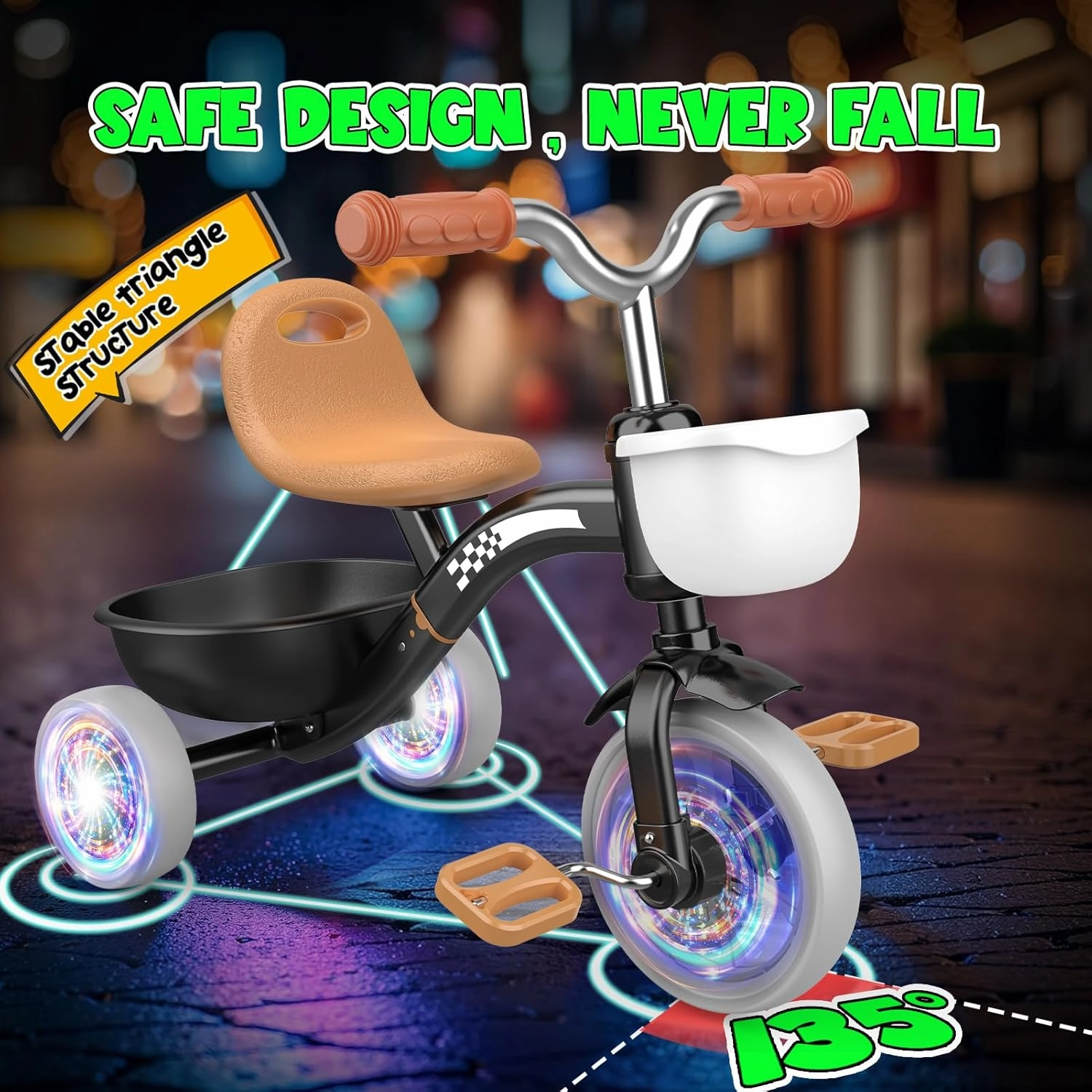 Toddler Tricycle for 1-3 3-5 Year Olds, Colorful Lighting Toddler Bike Baby, Toys for Ages 2-4 Boys, 3-Level Adjustable Seat, 2 3 4 5 Year Old Birthday Gifts