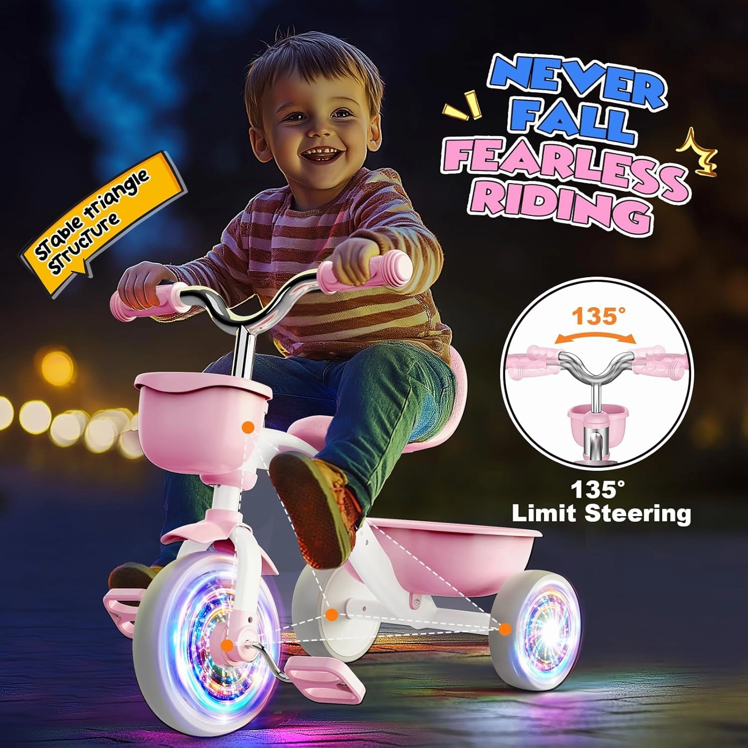 Toddler Tricycle for 1-3 3-5 Year Olds, Toddler Toys Baby Bike, Toys for Ages 2-4, 3-Level Adjustable Seat, 3 Colorful Lighting Wheels, 2 3 4 5 Year Old Girl Birthday Gifts Pink