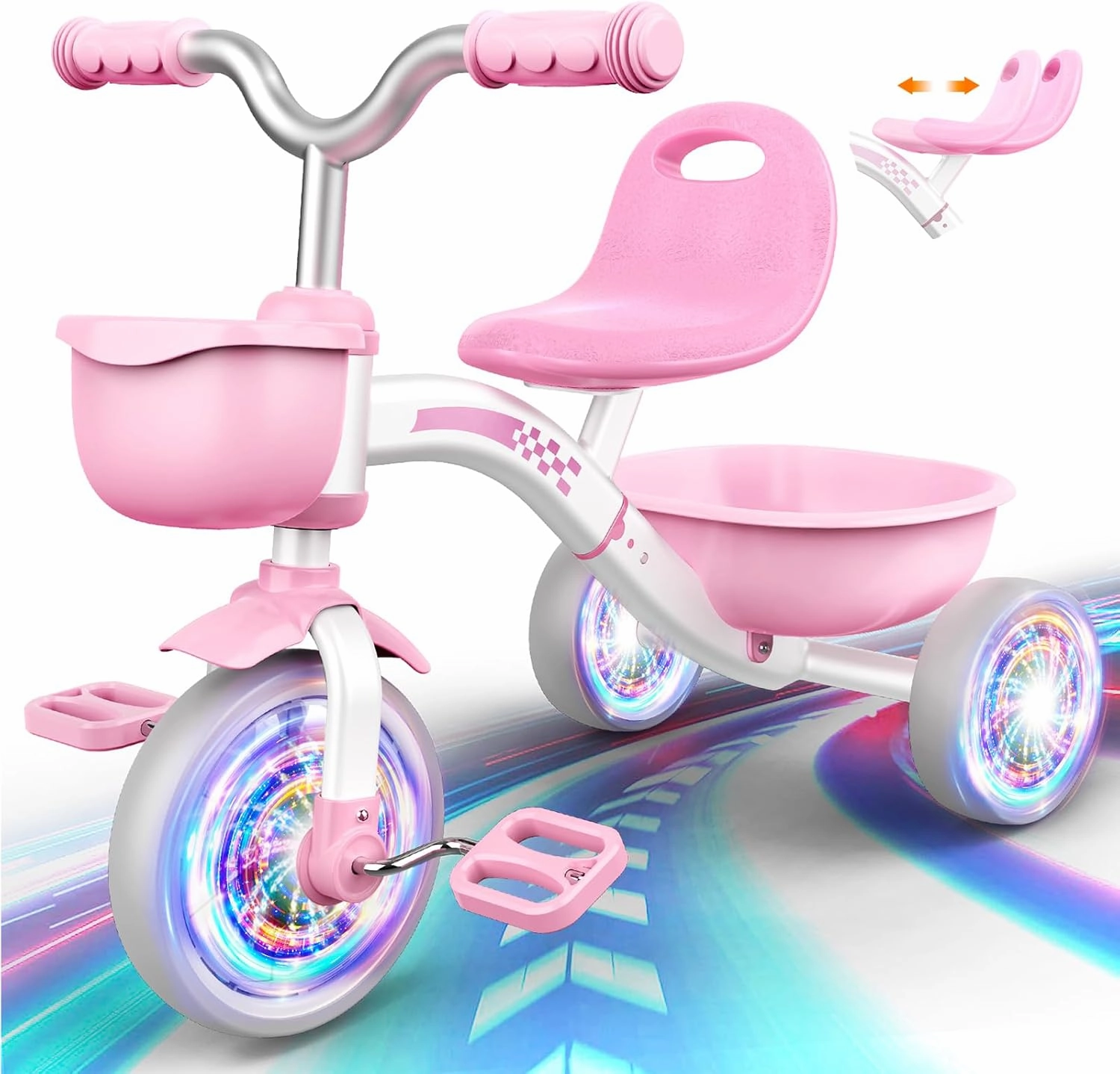 Toddler Tricycle for 1-3 3-5 Year Olds, Toddler Toys Baby Bike, Toys for Ages 2-4, 3-Level Adjustable Seat, 3 Colorful Lighting Wheels, 2 3 4 5 Year Old Girl Birthday Gifts Pink