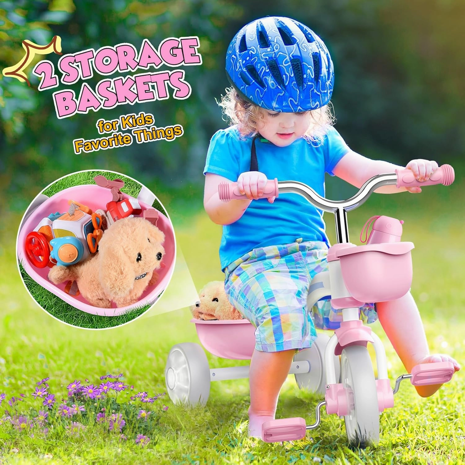 Toddler Tricycle for 1-3 3-5 Year Olds, Toddler Toys Baby Bike, Toys for Ages 2-4, 3-Level Adjustable Seat, 3 Colorful Lighting Wheels, 2 3 4 5 Year Old Girl Birthday Gifts Pink