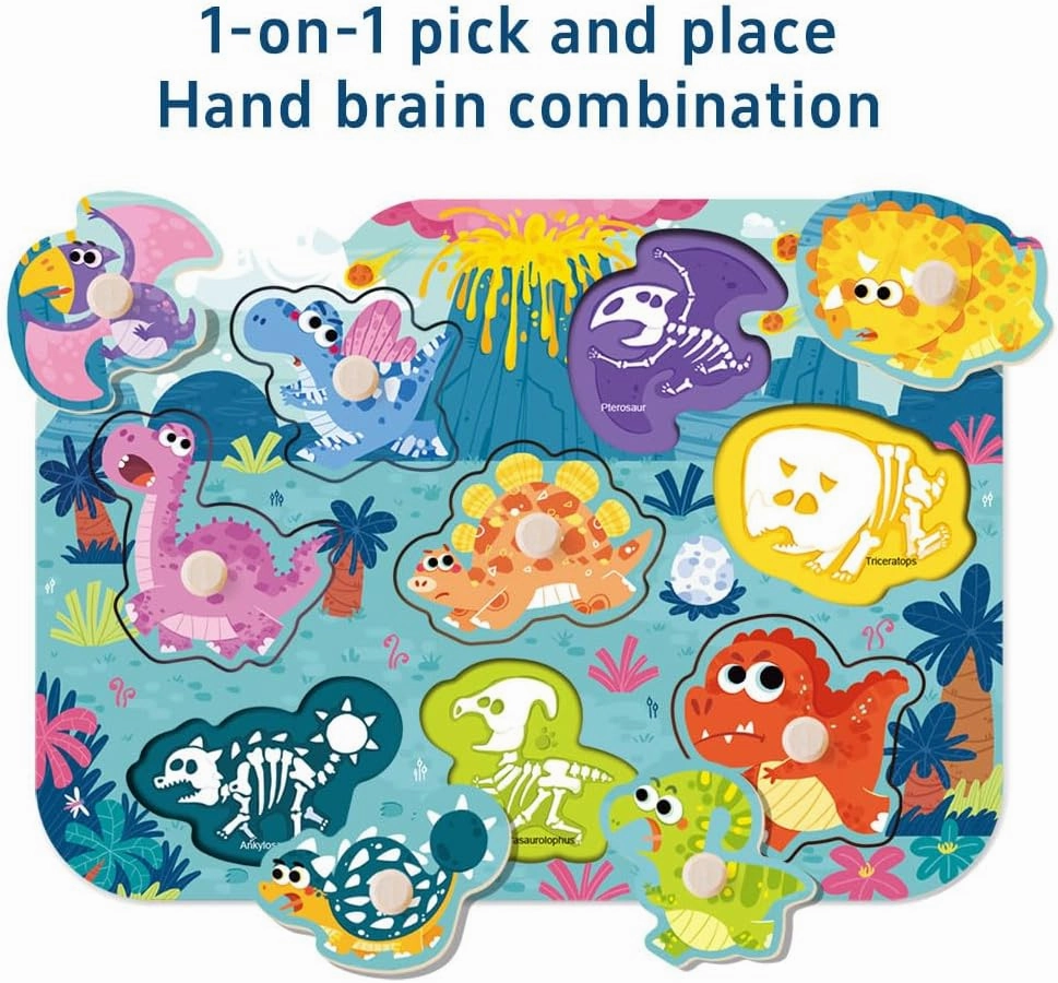 Toddler Wooden Strip Puzzle Set - 3 Pieces Dinosaur World, Transportation and Farm Animal Scenes, Puzzle Toys for 1-3 Years, 3rd Birthday Gift, Boys and Girls Puzzles