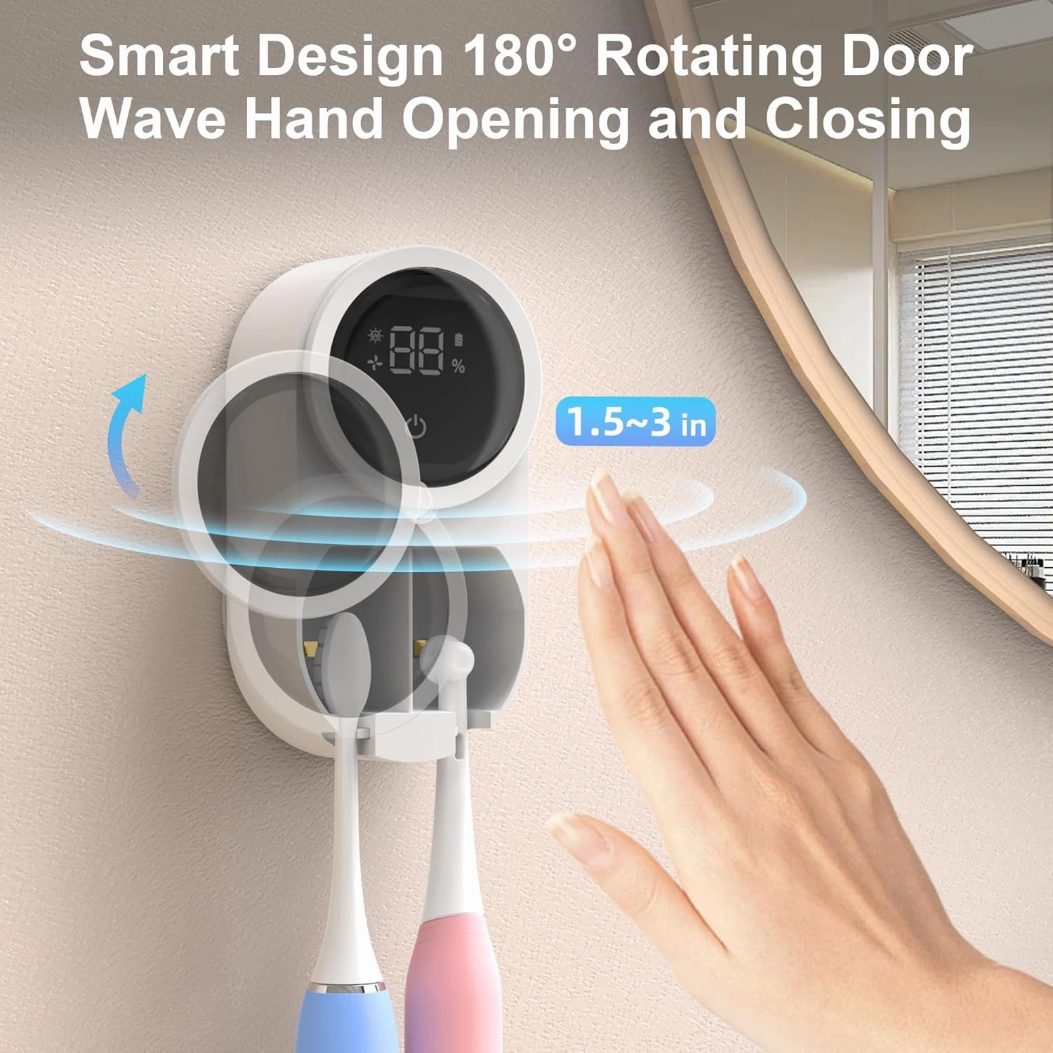 Toothbrush Holder and Cleaner for Bathroom Light Cleaning Fan Drying Round in Circle Automatic Rotating Cover Wall Mounted Smart Home Gadgets (01 White)