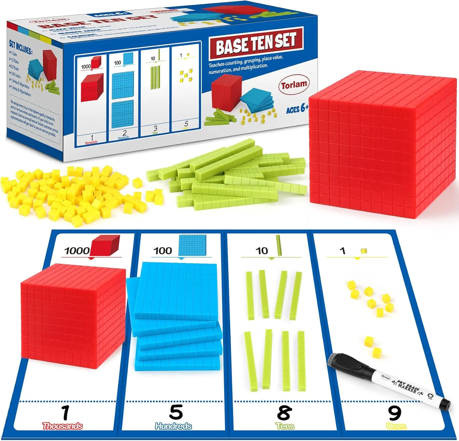 Torlam 131 PCS Base Ten Blocks for Math - Place Value Blocks, Plastic Base 10 Math Manipulatives 1st Grade, Math Counters, Math Cubes, Counting Cubes for Kids Kindergarten Math