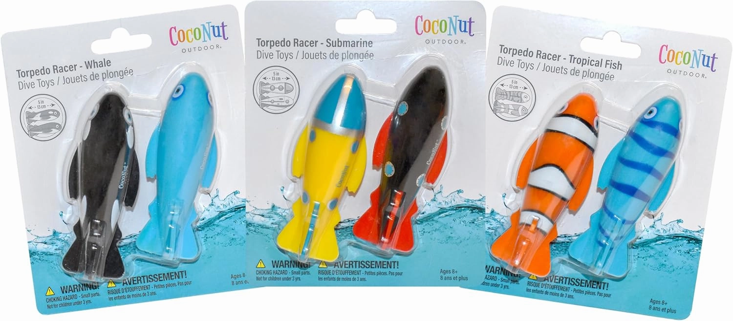 Torpedo Racer Dive Toys - 6-Pack of Fun, Colorful Whale, Submarine & Tropical Fish Dive Toys - Hydrodynamic Underwater Gliders to Practice Your Swimming Skills, Kids Ages 8 