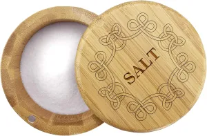Totally Bamboo Salt Cellar Bamboo Storage Box with Magnetic Swivel Lid, 6 Ounce Capacity, Celtic Knot Engraved on Lid