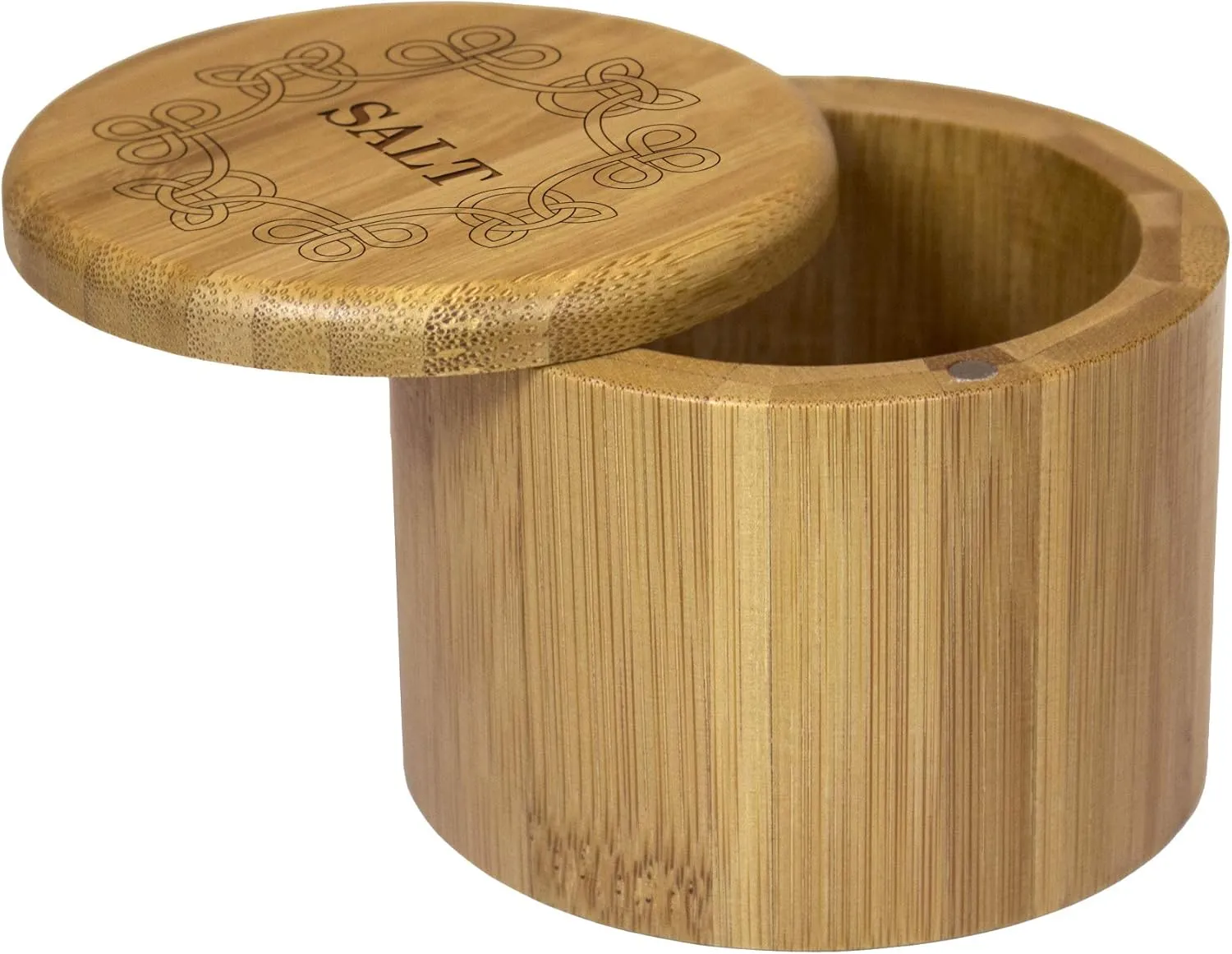 Totally Bamboo Salt Cellar Bamboo Storage Box with Magnetic Swivel Lid, 6 Ounce Capacity, Celtic Knot Engraved on Lid