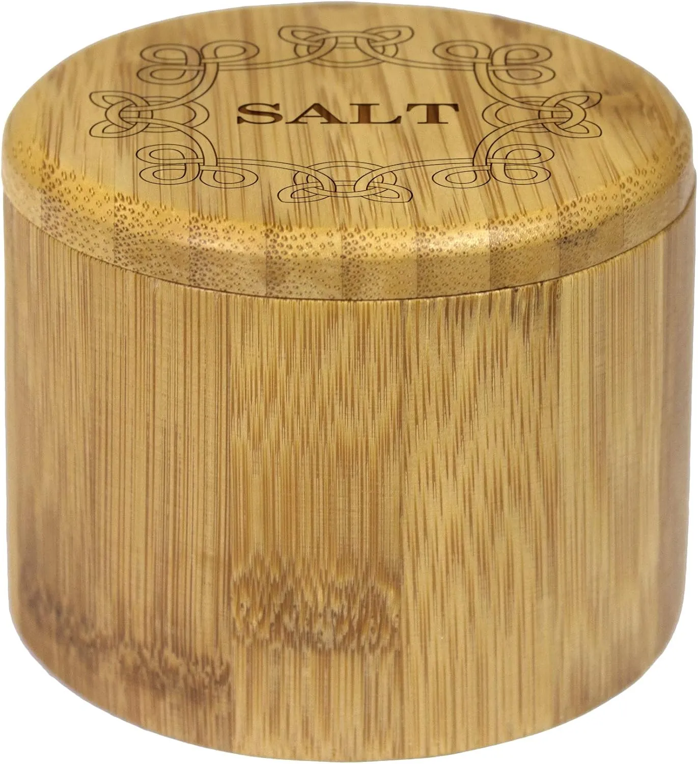 Totally Bamboo Salt Cellar Bamboo Storage Box with Magnetic Swivel Lid, 6 Ounce Capacity, Celtic Knot Engraved on Lid