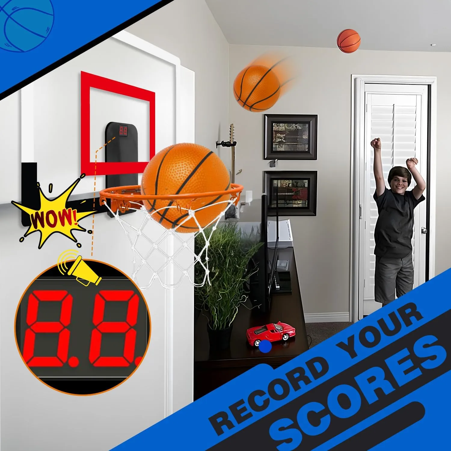 TOY Life Basketball Hoop Indoor with Scoresboard Basketballhoop for Kids Over The Door Mini Hoops for Teens and Adults Door Room Office Goal with 4 Balls