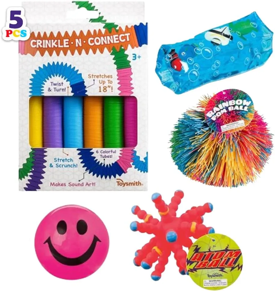 Toysmith Activity Pack Bundle Light Up Happy Ball, Atom Ball, Crinkle N Connect, Rainbow Pom, and Sealife Water Snake Sensory and Interactive Play for Kids Gift for Ages 3 