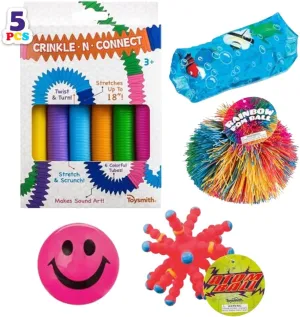 Toysmith Activity Pack Bundle Light Up Happy Ball, Atom Ball, Crinkle N Connect, Rainbow Pom, and Sealife Water Snake Sensory and Interactive Play for Kids Gift for Ages 3 