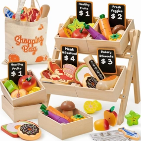 Toyssa Wooden Play Food Sets for Kids Kitchen, Play Toy Foods for Toddlers with Realistic Colors & Shelf, Pretend Play Kitchen Accessories Christmas Birthday Gifts for Girls Boys 3 4 5 6 7