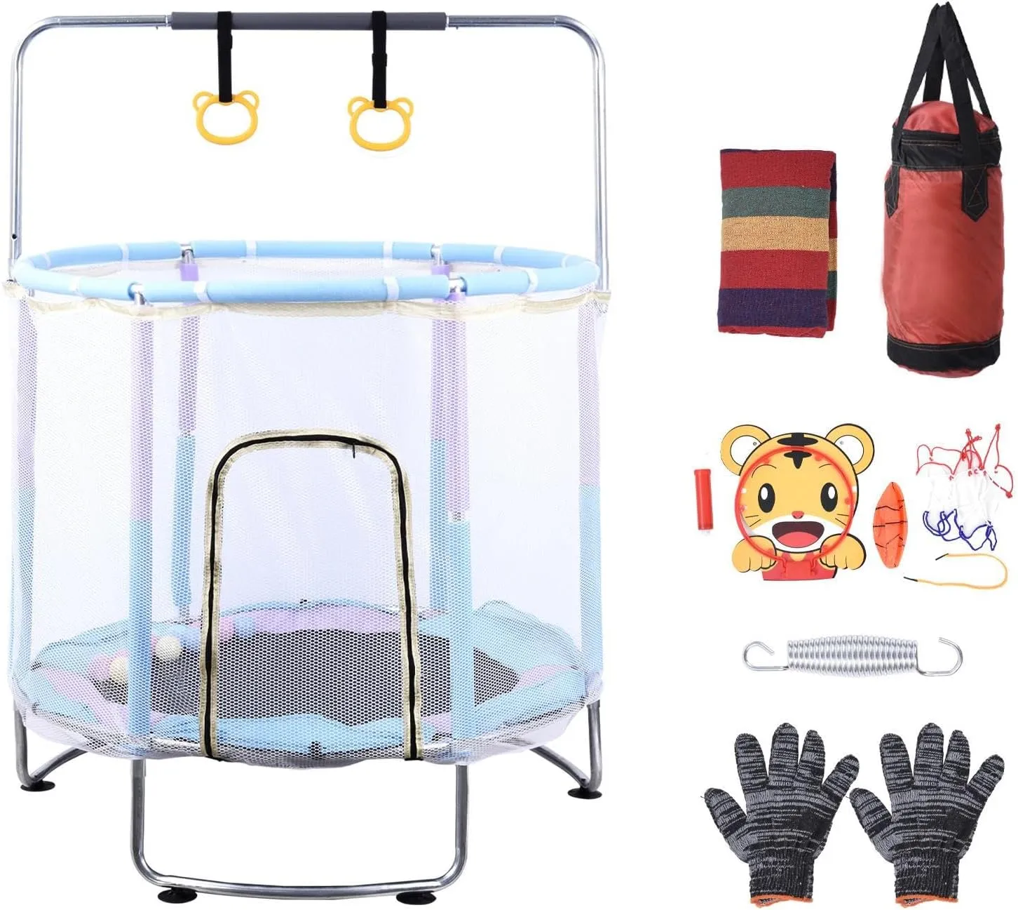 Trampoline Toys, Safe Recreational Trampoline Height Adjustable, Bouncing Bed with Enclosure, Swing, Basketball Hoop for Indoor Outdoor Backyard