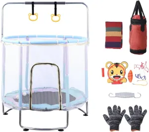 Trampoline Toys, Safe Recreational Trampoline Height Adjustable, Bouncing Bed with Enclosure, Swing, Basketball Hoop for Indoor Outdoor Backyard